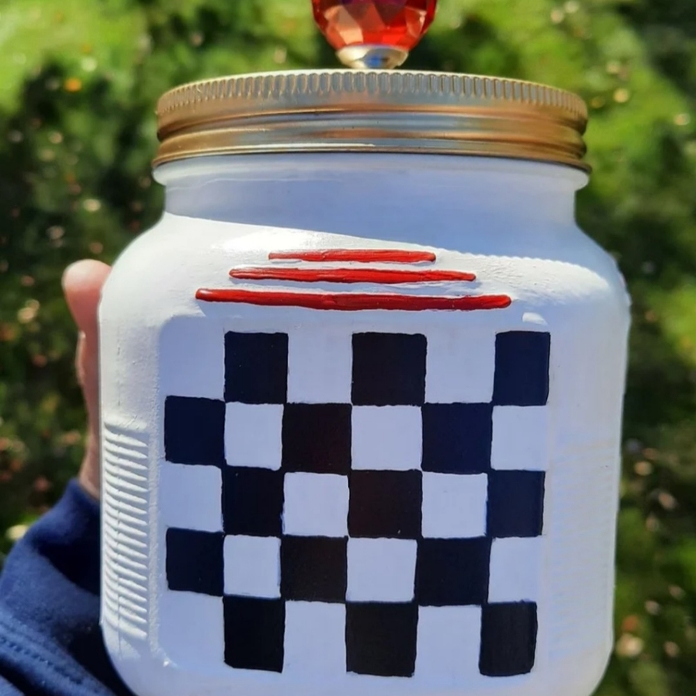 Handpainted glass jar metal lid red glass knob Cannister